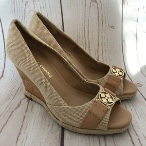 Arturo Chiang Wedge Heels Beige Gold Peep Toe
